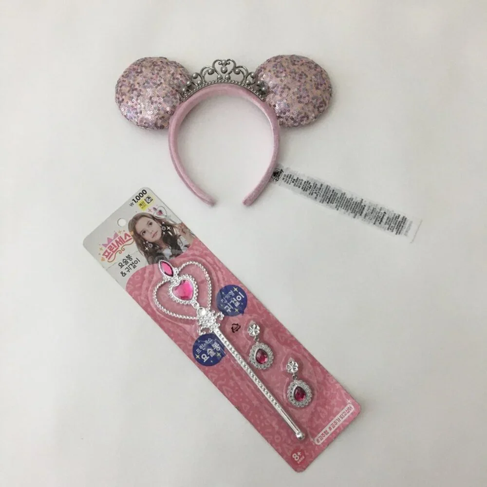Disney Minnie Mouse HeadBand Pink Velvet-Sequin BONUS-Magic Wand & Clip Earrings
